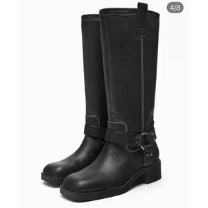ZARA Top Stitch Biker Boots w Harness Strap, O Ring & Studs